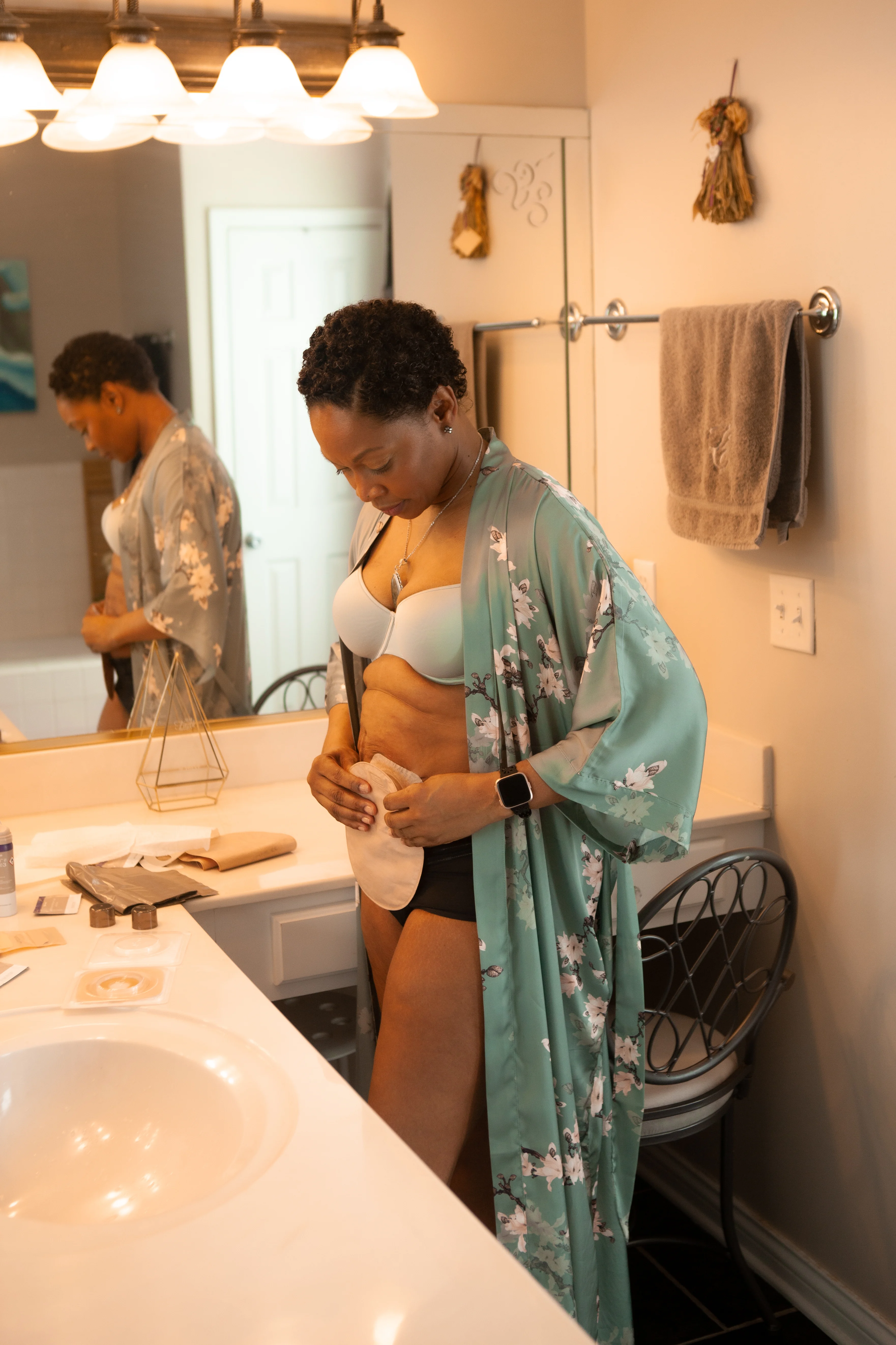 a person in a dress in a bathroom