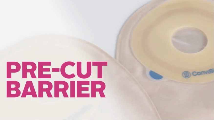 A video thumbnail of 'Application of a Pre-Cut Skin Barrier Ostomy System'