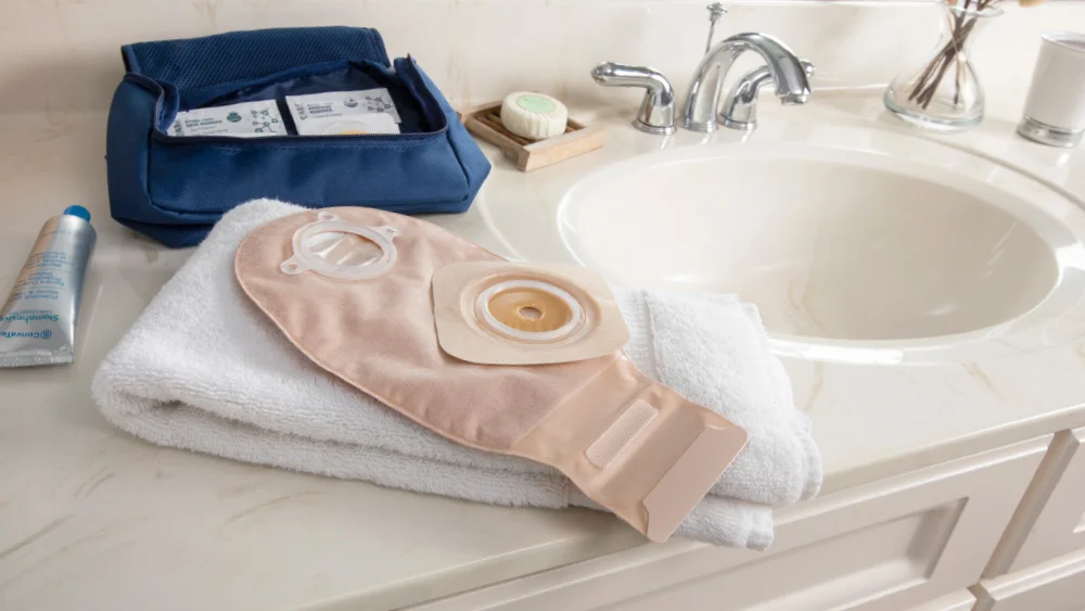 ostomy products on a bathroom counter