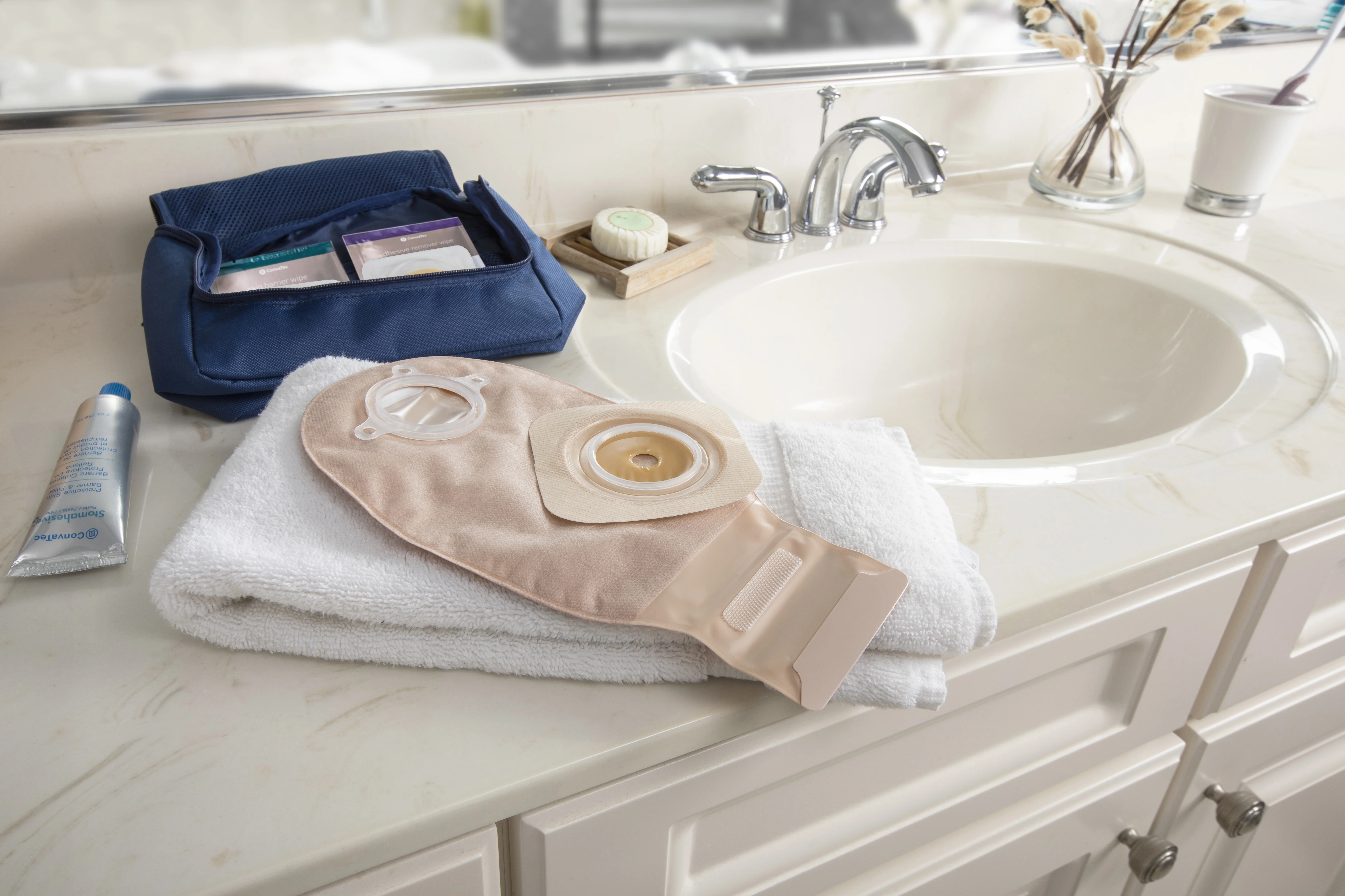 Ostomy product on a bathroom counter
