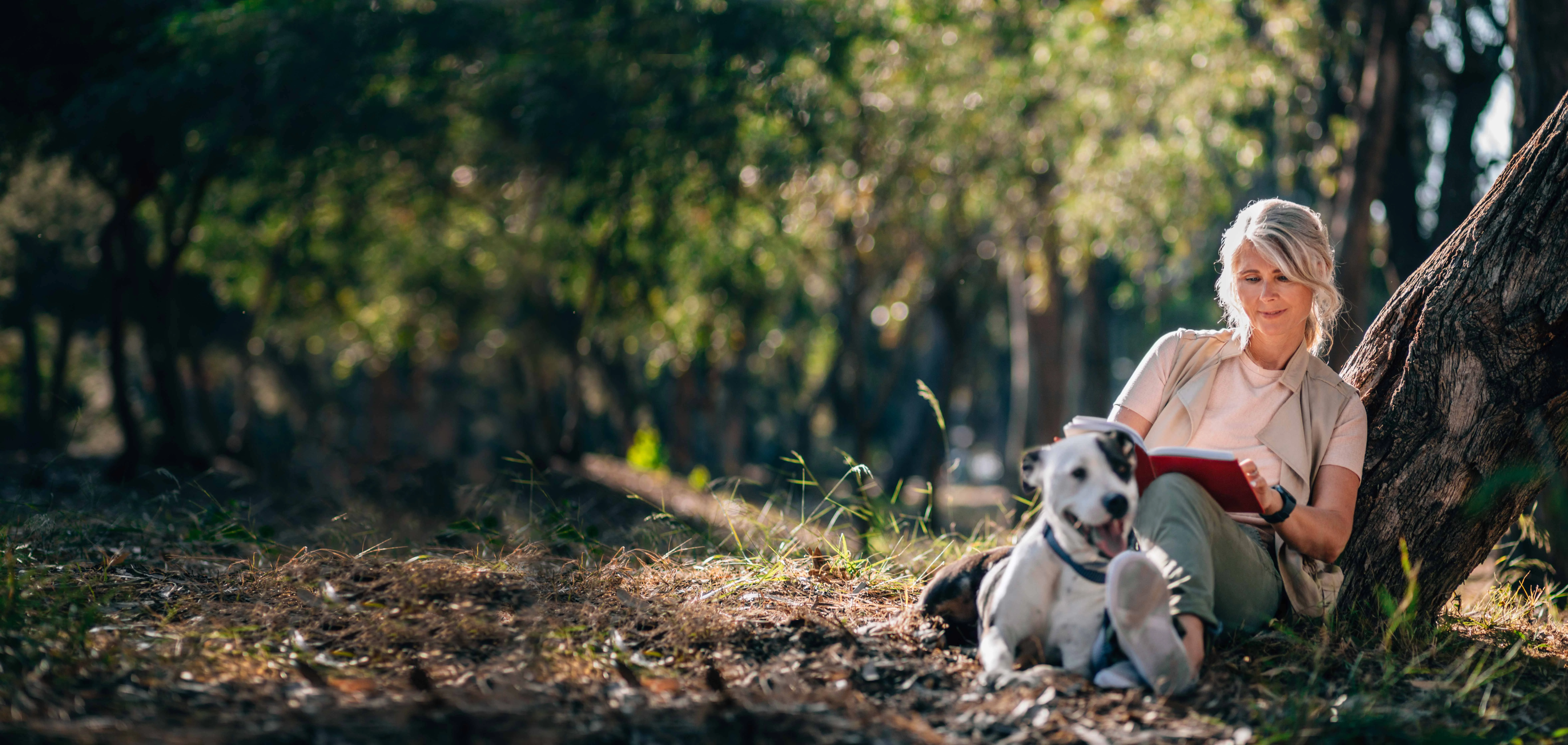una persona sentada en el bosque con un perro